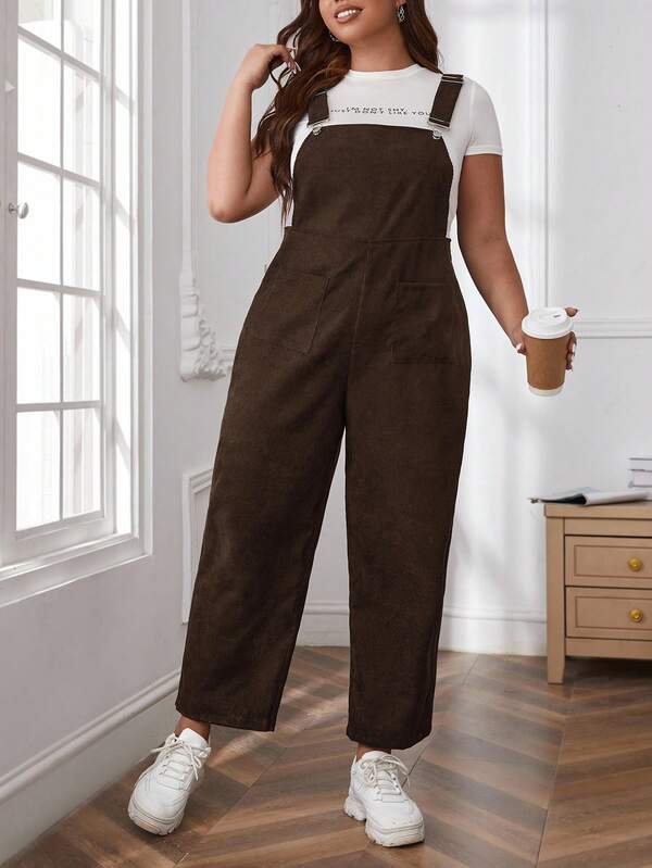 SHEIN Essnce Plus Size Women's Solid Color Dual Pocket Wide Leg Casual Jumpsuit