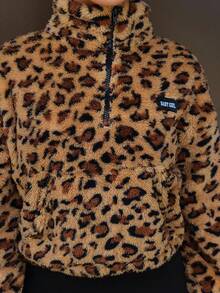 SAYEHFBABY 1pc Women's High Collar Zipper Long Sleeve Leopard Fluffy Pullover Sweatshirt,Long Sleeve Tops - Multicolor - View 3
