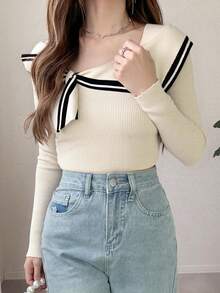 FRIFUL Women's Long Sleeve Knitted Sweater With Bow Decoration,Long Sleeve Tops Fall