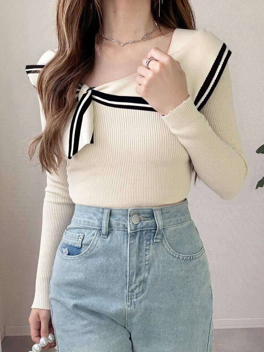 FRIFUL Women's Long Sleeve Knitted Sweater With Bow Decoration,Long Sleeve Tops Fall