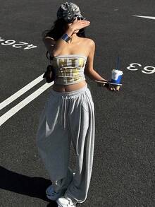 Dazy Tall 女式高腰/长款宽松直筒休闲运动裤女式慢跑裤 - 灰色 - 查看 4