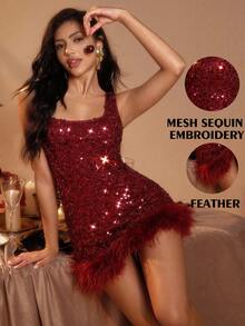 Glamine Váy ngắn cổ tròn không tay thêu hạt cườm màu đỏ rượu vang dành cho nữ, váy ngắn dệt kim màu đỏ, váy ngắn dự tiệc ngày lễ gợi cảm - Màu Đỏ Sâu - Xem 1