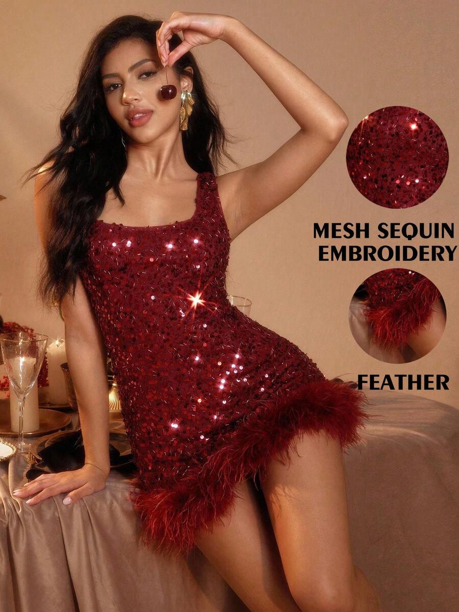 Glamine Váy ngắn cổ tròn không tay thêu hạt cườm màu đỏ rượu vang dành cho nữ, váy ngắn dệt kim màu đỏ, váy ngắn dự tiệc ngày lễ gợi cảm - Màu Đỏ Sâu - Xem 1