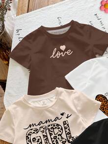 SHEIN 4 件年轻女孩休闲简约奶油白色复古豹纹心形字母“Mama's Girl”图案圆领短袖 T 恤，适合春夏季 - 彩色 - 查看 6