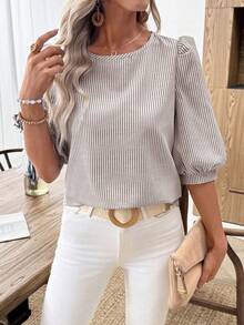 EMERY ROSE Women's Casual Commuter Striped Lantern Sleeve Shirt - Brown - View 3