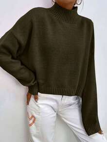 EURMUSE Women's Solid Color High Neck Drop Shoulder Long Sleeve Casual Pullover Sweater, Autumn/Winter - Hijau Tentara - View 5