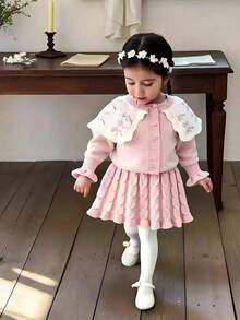 SHEIN 小女孩粉色公主风格开衫和针织裙两件套，秋冬 - 淺粉色 - 查看 7