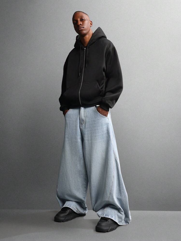 Wide Leg Barrel Fit Denim Jeans With Seam Details