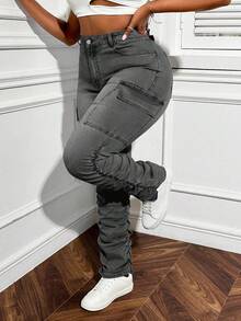 Slaydiva Spring Plus Size Women Cargo Pocket Ruched Stretch Jeans - Grey - View 5