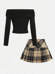 Girlism 少女秋季校园风服装，黑色露肩罗纹针织毛衣长袖 T 恤，卡其色格子百褶裙，休闲两件套 - 彩色 - 查看 11