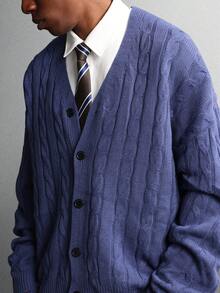 SUMWON Áo khoác cardigan cài nút cao cấp cổ chữ V cổ điển viền gân tay dài mặc thường ngày mùa đông thu thiết kế truyền thống - Màu xanh lam - Xem 3