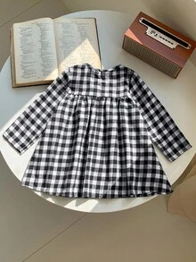 SHEIN LMoss Kids LMoss 女婴女宝宝格子宽松休闲长袖连衣裙，秋冬女宝宝格子连衣裙 - 黑色 - 查看 2