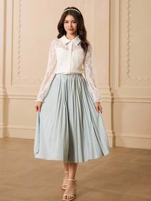 青少年蕾丝拼布领长袖衬衫 + 腰部褶皱优雅裙，万圣节和圣诞节服装 - 白色 - 查看 5