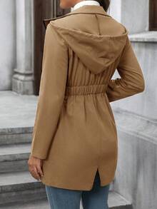 EMERY ROSE Women's Solid Color Hooded Zipper Pocket Waist Cinched Mid-Length Windbreaker Jacket In Fall/Winter,Winter Clothes For Women - Brown - View 4