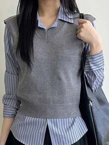 DAZY French Preppy Style Slimming Women's Autumn/Winter Knitted Vest - Grey - View 1