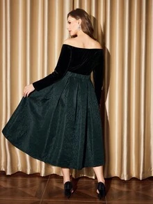 Vintamour Plus Size Women's Off Shoulder Long Sleeve Floral Jacquard Pleated Velvet Midi Dress,Black,Autumn,Elegant,Formal,Evening,Formal Vintage Dark Green - Black - View 2