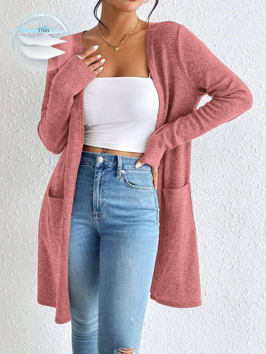 SHEIN Essnce Áo khoác len cardigan dài tay hở phía trước màu trơn thanh lịch dành cho nữ, Áo khoác cardigan mùa thu cho nữ mùa hè Áo khoác cardigan cho nữ mùa hè Quần áo thời trang cho nữ Áo khoác cardigan màu hồng hở phía trước, Quần áo ấm áp cho nữ mùa thu và mùa đông - Bụi hồng - Xem 1