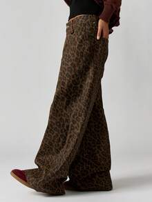 MISSGUIDED Pantalones palazzo vaqueros de tiro alto de pierna ancha con estampado de leopardo de algodón para mujeres, estilo casual, bohemio y urbano - Marrón - Ver 6