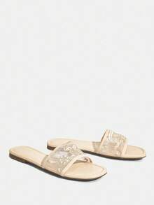 CUCCOO TILAWA 女士刺绣珍珠网眼透气舒适优雅休闲平底凉鞋 - 杏色 - 查看 10