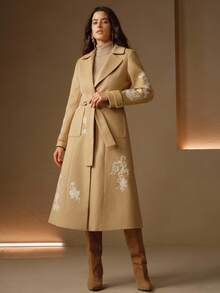 Anewsta 优雅端庄重重刺绣精致配色优雅感恩节、圣诞节、新年派对长款毛呢大衣秋冬 - 卡其色 - 查看 6