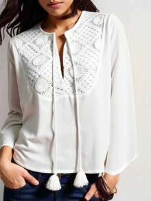 CAJUNI 女式波西米亚风格度假休闲系带白色拼接长袖流苏衬衫 - 白色 - 查看 5