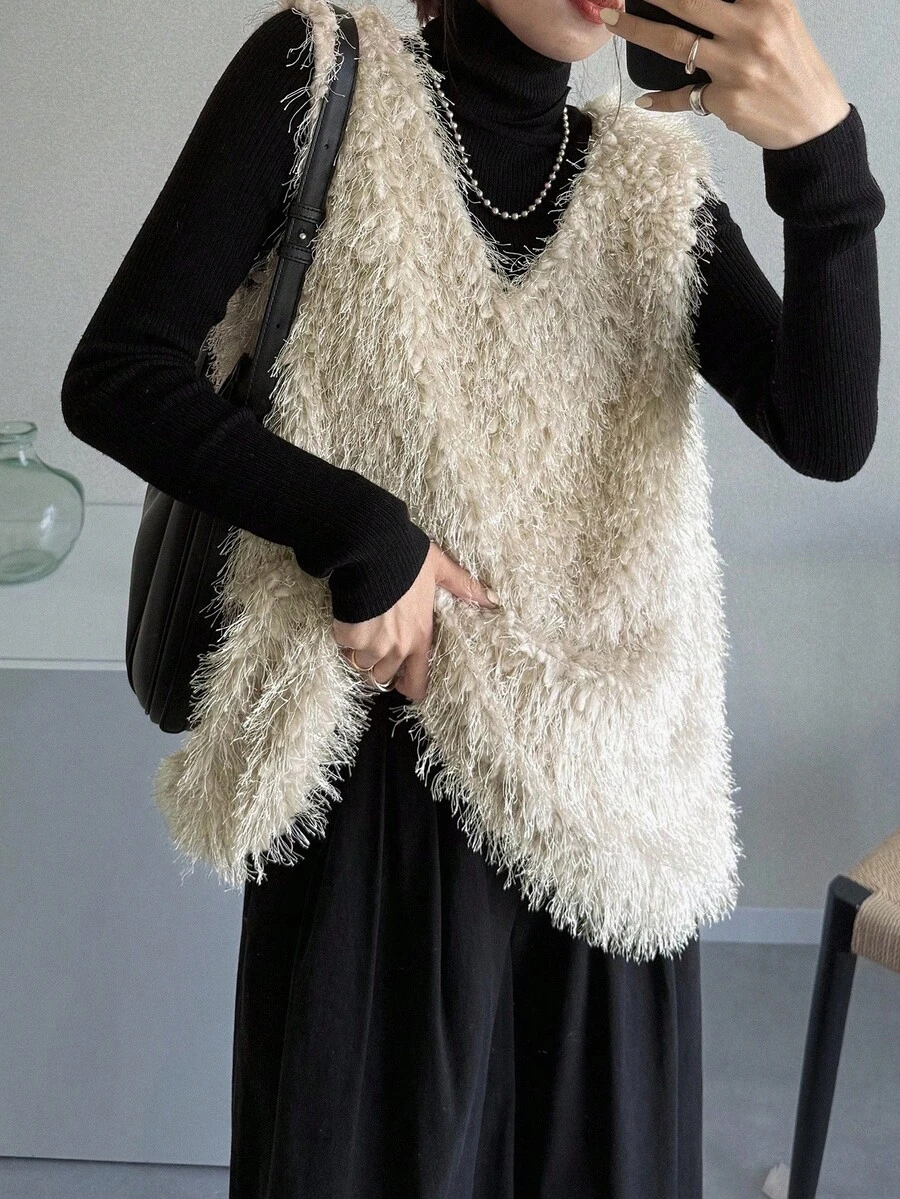 FRIFUL Apricot Flannelette Casual Rib-Knit V Neck Asymmetrical Long Tank Top For Women Knit Sweater Top Sweater Top For Women Shaggy Knit Top Winter Tops Layering Pieces