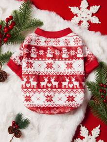 PETSIN 1 Pet Christmas Cat Dog Universal Red Geometric Snowflake Reindeer Snowman Fair Island Pattern Print Plush Warm And Comfortable Dog Christmas Hoodie