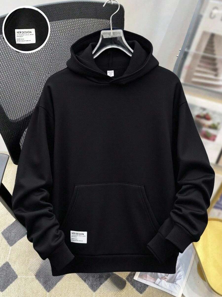 SHEIN 青少年男童返校必备基础款卫衣，简约宽松套头衫，休闲学院风，舒适时尚，百搭实用，柔软面料，适合日常穿着、上学、外出、户外运动、秋冬季穿着。黑色卫衣，纯色卫衣，黑色宽松卫衣，超大款卫衣，青少年秋季卫衣