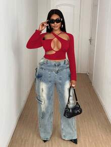 Maweii Sexy Damen Oversize T-Shirt mit asymmetrischem Kreuzausschnitt und Langarm - Bordeaux - Übersicht 4