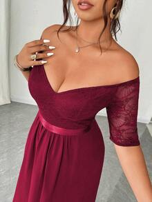 Elenzga Große Größen Elegantes romantisches Weihnachts-Partykleid in Rot für Damen, Spitzen-Patchwork Off-Shoulder Kurzarm Taille Raffung Chiffon fließendes Maxikleid, Frühling/Herbst