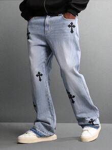 SUMWON Cotton Chrome Cross Design Light Wash Flared Denim Jeans Gothic Print Baggy Pants For All Seasons Street Style Custom Handcrafted Fashion