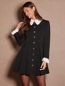 Enchnt Vestido elegante mini con cuello de contraste, manga larga, diseño de botones y bajo plisado - Negro - Ver 5