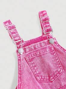 SHEIN 女婴粉色牛仔磨边星星宽松工装裤 - 玫紅色 - 查看 6