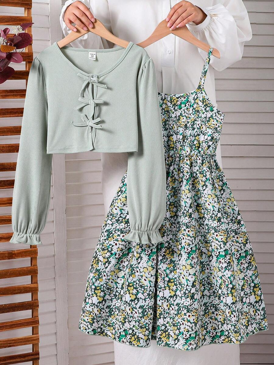 SHEIN Vintaside Kids 2pcs/Set Girls Casual Ribbed Knit Cardigan With Bow Decor And Minimalist Printed Slip Dress, Spring/Autumn Fall Winter - Mint Green - View 1