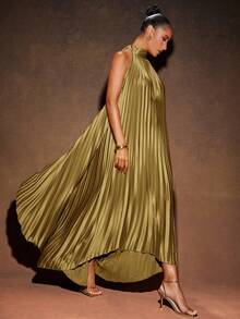 Hauture 性感优雅度假褶皱纯色高低露背立领挂脖长裙 - 灰綠 - 查看 3