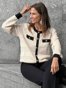 Vivie Lora Women's Autumn/Winter Fashion Color Block Cardigan School - Beige - View 5
