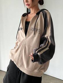 Dazy Star Felpa con cappuccio da donna con coulisse e zip, design a blocchi di colore e stampa di lettere, giacca felpa autunnale per donna