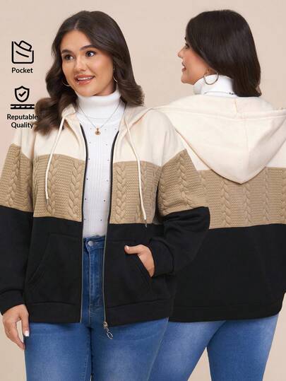 Comfylo Plus Size Women's Autumn Contrast Color Zipper Hooded Drawstring Casual Jacket Heavy Texture Knit Fabric Hooded Three-Color Patchwork Jacket With Side Pockets Daily Leisure