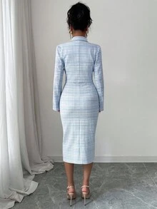 Elenzga 两件套粗花呢套装：优雅人字纹西装外套 + 无袖修身连衣裙，春秋季时尚淑女装