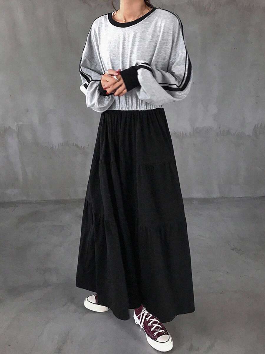 FRIFUL Women Mid-Length Colorblock Patchwork Loose Round Neck Dress - Grey - View 1