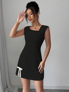 Rafferiza Boat Neck Color Block Patchwork Open Slit Bowknot Dress Fall Cloth For Women - Black - View 4