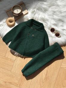 SHEIN 2 件套男婴/女婴纯色翻领长袖毛衣和裤子套装，适合秋冬季