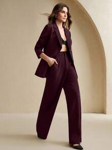 Anewsta Elegant Burgundy Elegant Business Casual Women's Blazer Jacket, Waist Cinched Design, Long Sleeve - Burgundy - View 6