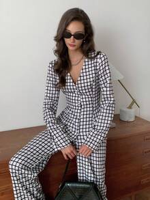 Elyressa 2 piezas Conjunto de pantalón y blusa de manga larga con botones a cuadros para mujer - Negro - Ver 7