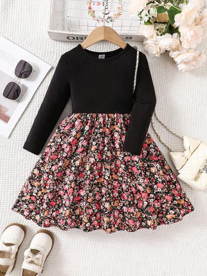 SHEIN Tween Girl Enfärgad Stickad Rund Halsad Patchwork Blommig Attraktiv Avslappnad Klänning, Höst/Vinter