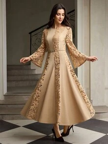ZEYLAH Váy ren thêu họa tiết mùa thu thanh lịch dành cho nữ, hòa tan trong nước - Màu Khaki - Xem 6