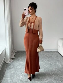 SHEIN Elenzya 女士秋冬休闲复古图案无袖连衣裙，百搭优雅，适合外出、工作、上学、度假 - 包括吊带背心、羊毛衫、百褶裙、针织毛衣 - 彩色 - 查看 1