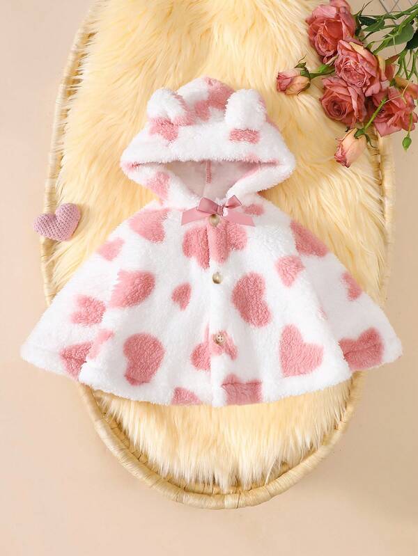 SHEIN Autumn/Winter New Baby Girl Hooded Cape Cloak Heart Plush Jacket, Infant Shawl Newborn Baby Sweet Cute Princess Cloak Coat, Suitable For Outdoor Wear In Any Occasion Fall