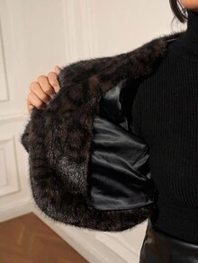 Ellevyn 女式圆领长袖前开襟豹纹棕色优雅休闲外套短款仿皮草夹克，秋冬 - 彩色 - 查看 13