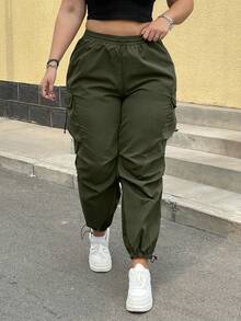 POPSWAY Women's Casual Solid Color Multi-Pocket Drawstring Cargo Pants, Summer Outfits Fall - Army Green - View 5